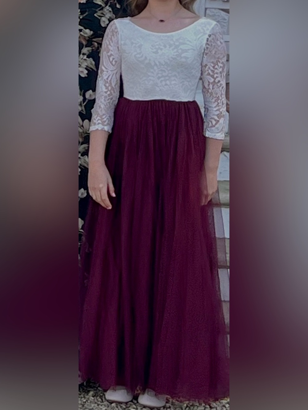 Ivory Lace Top Burgundy Tulle Maxi Dress, Girls size 10-12 years
